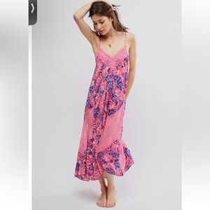 Free People First Date Printed Maxi Slip Dress in Sweet Pink Combo, XS